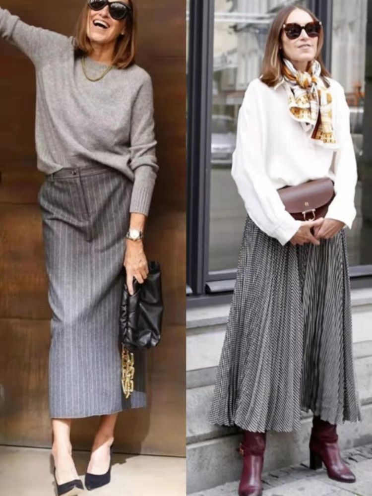 Sweater + over-the-knee skirt